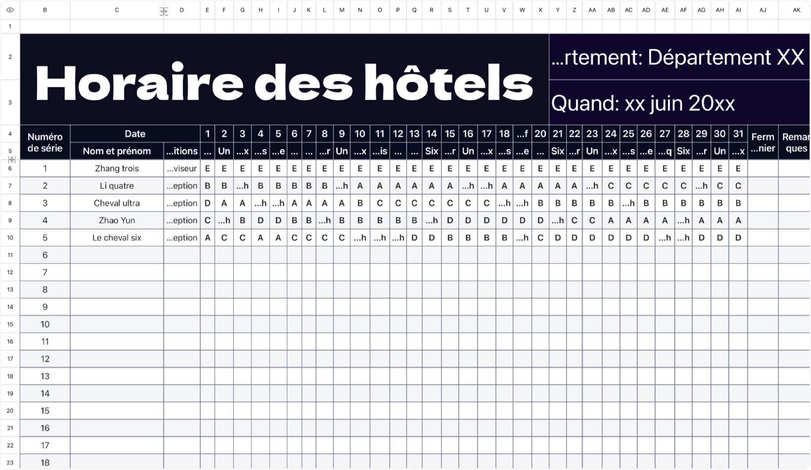 Horaire des hôtels